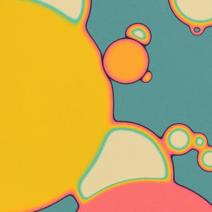 The image is a vibrant abstract composition featuring a variety of shapes and colors, including yellow, orange, pink, and blue.