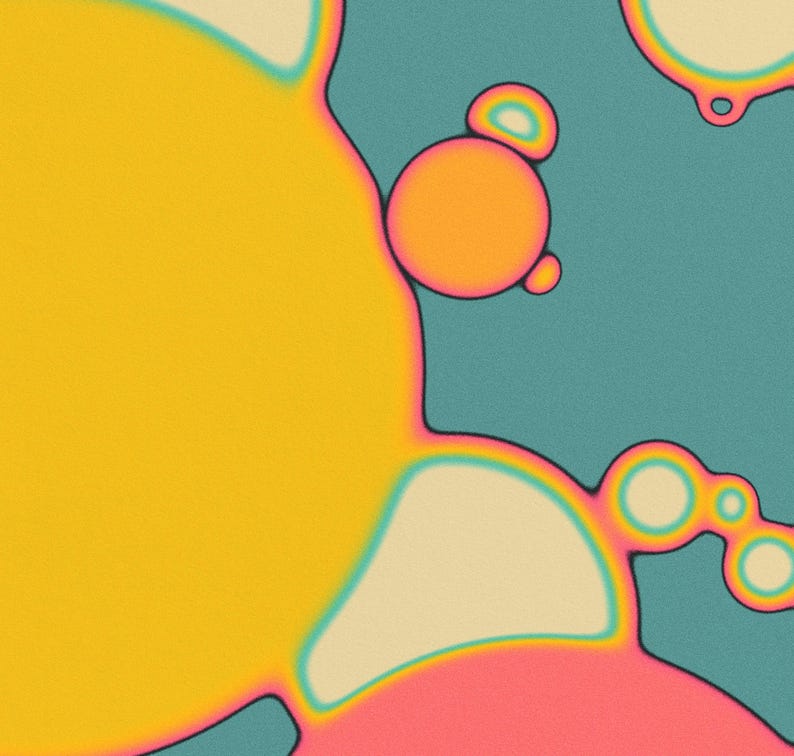The image is a vibrant abstract composition featuring a variety of shapes and colors, including yellow, orange, pink, and blue.