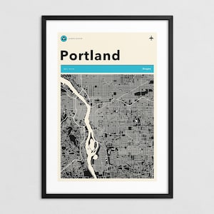 PORTLAND MAP (Giclée Fine Art Print on Paper or Canvas) Retro Minimalist City Street Map (Framed or Unframed)