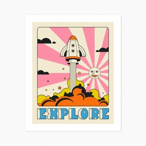 EXPLORE (Giclée Fine Art Print) Space Travel Pop Art (8x10 12x16 16x20 18x24 24x32 A1 A2 A3 A4) Rolled, Stretched or Framed