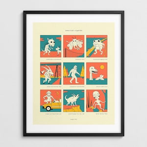 May include: A framed print titled "American Cryptids" featuring nine illustrated panels of cryptids. Each panel has a unique creature with a name below. The color palette includes orange, blue, and beige.
