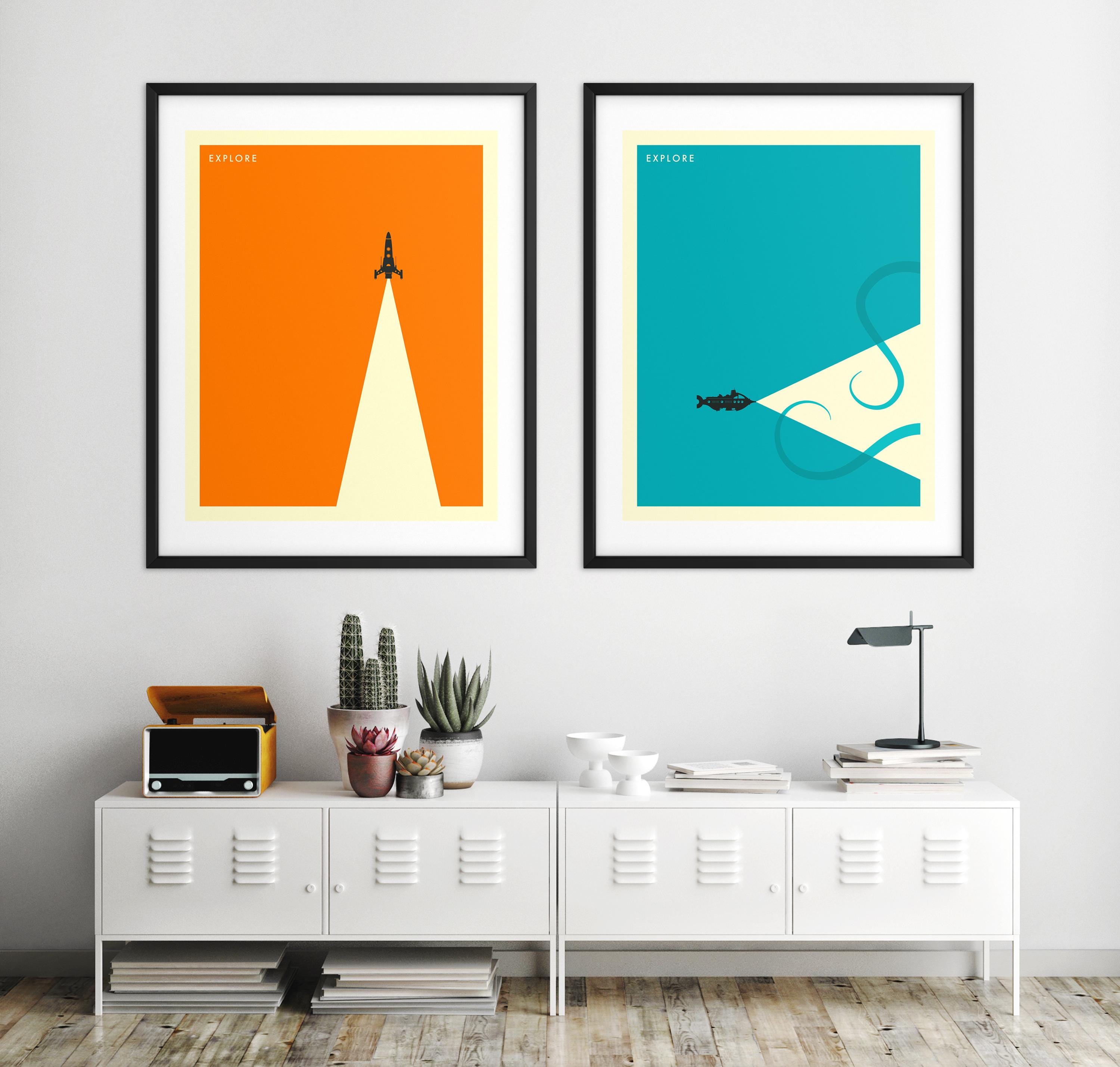 2 Minimalist Sci-Fi Travel Posters (Giclée Fine Art Prints on Paper or Canvas) EXPLORE by Jazzberry Blue (Framed or Unframed)