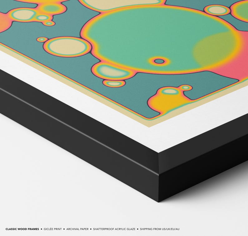 The image is a framed artwork featuring abstract, colorful shapes and patterns, including circles, ovals, and other organic forms, set against a blue and green background.