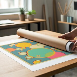 A person is rolling up a roll of paper to print a colorful abstract design on a wooden table.