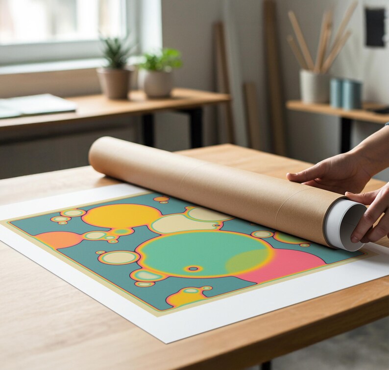 A person is rolling up a roll of paper to print a colorful abstract design on a wooden table.