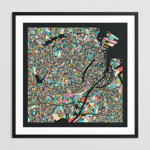 MAPA DE COPENHAGUE (impresión artística Giclée sobre papel o lienzo) Mapa colorido de las calles de la ciudad de Jazzberry Blue (con o sin marco) Serie 3