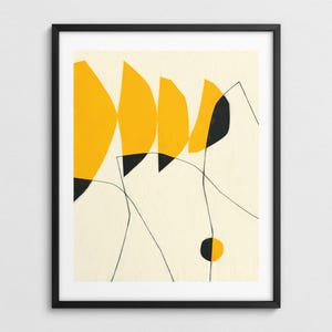 The image is a framed abstract art piece featuring bold geometric shapes in yellow and black.