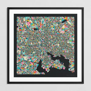 MAPA DE BALTIMORE (impresión artística Giclée sobre papel o lienzo) Mapa colorido de las calles de la ciudad de Jazzberry Blue (con o sin marco) Serie 3