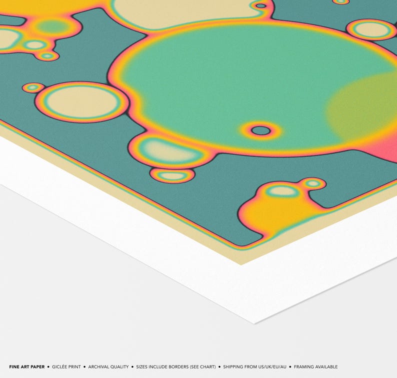 The image is a fine art paper with a vibrant abstract design featuring colorful circles and shapes in shades of green, yellow, and orange.