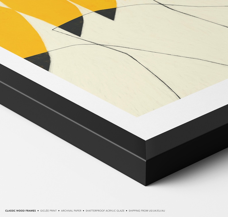 The image is a framed artwork with a black border and a yellow and white abstract design.