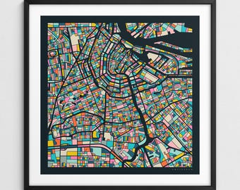 AMSTERDAM MAP (Giclée Fine Art Print) Colorful City Street Map (Series 3)