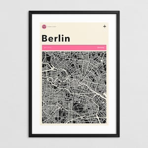 BERLIN MAP (Giclée Fine Art Print on Paper or Canvas) Retro Minimalist City Street Map (Framed or Unframed)