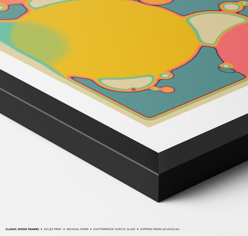 The image is a framed artwork featuring abstract, colorful shapes and patterns in shades of yellow, green, and pink.