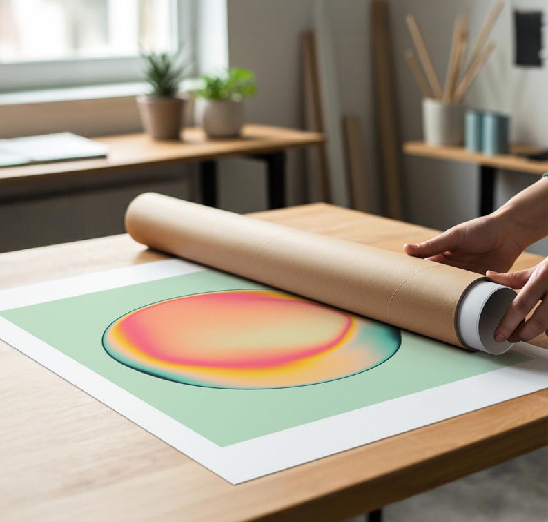 A person is rolling up a large roll of paper to create a framed artwork on a wooden table.