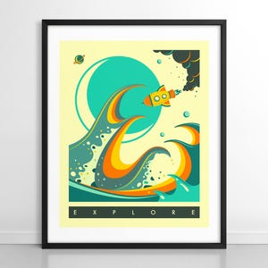 EXPLORAR (impresión artística Giclée sobre papel o lienzo) Póster de viaje espacial con cohete (enmarcado o sin marco)