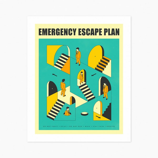 EMERGENCY ESCAPE PLAN 1 (Giclée Fine Art Print) Surreal Abstract Infographic (8x10 12x16 16x20 18x24 24x32) Rolled, Stretched or Framed
