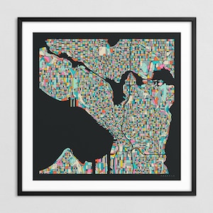 MAPA DE SEATTLE (impresión artística Giclée sobre papel o lienzo) Mapa colorido de las calles de la ciudad de Jazzberry Blue (con o sin marco) Serie 3