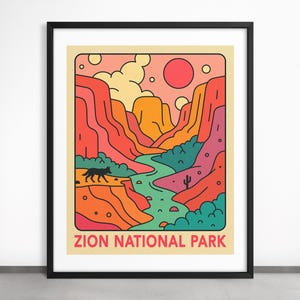 ZION NATIONAL PARK (Giclée Druck auf Papier oder Leinwand) Buntes Retro Utah Reise Poster (Gerahmt oder Ungerahmt)