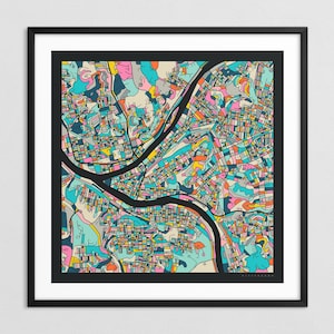 MAPA DE PITTSBURGH (Impressão artística giclée em papel ou tela) Mapa de rua colorido da cidade por Jazzberry Blue (com ou sem moldura) Série 3