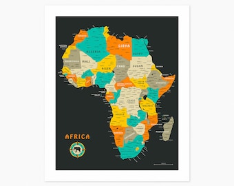 AFRICA MAP (Giclée Fine Art Print) (8x10 12x16 16x20 18x24 24x32 A1 A2 A3 A4) Rolled, Stretched or Framed