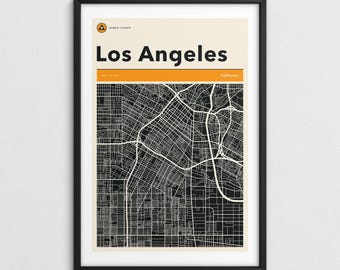 MAPPA DI LOS ANGELES (Stampa Fine Art Giclée) Mappa stradale della città in stile retrò e minimalista