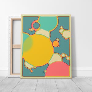 a vibrant abstract artwork with a mix of yellow, orange, green, and pink colors, creating a lively and dynamic composition.