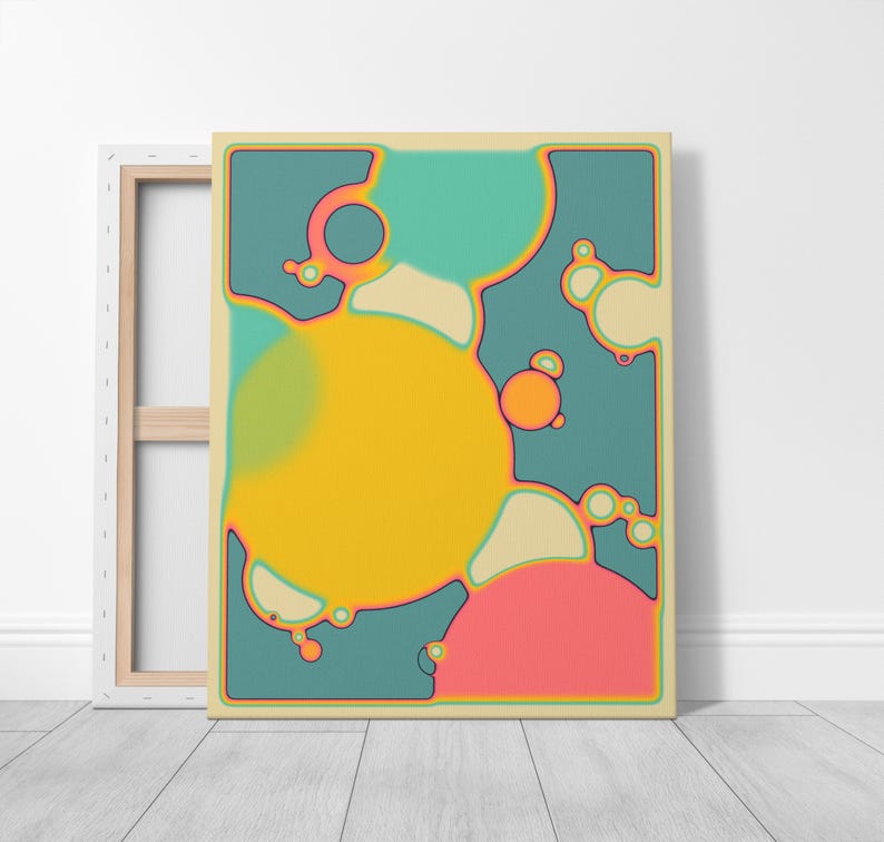 a vibrant abstract artwork with a mix of yellow, orange, green, and pink colors, creating a lively and dynamic composition.