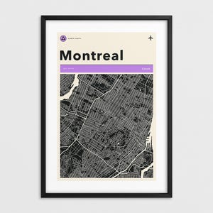 MAPPA DI MONTREAL (Stampa Fine Art Giclée su carta o tela) Mappa stradale della città in stile retrò e minimalista (con o senza cornice)