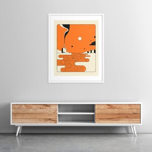 a modern, minimalist design with a wooden cabinet and a framed abstract artwork hanging on the wall above it.