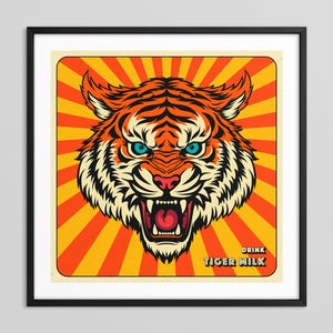 TIGER MILK (Giclée Fine Art Print op papier of canvas) Retro Tiger Pop Art van Jazzberry Blue (ingelijst of ingelijst)