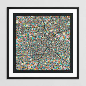 MAPA DE HOUSTON (impresión artística Giclée sobre papel o lienzo) Mapa colorido de las calles de la ciudad de Jazzberry Blue (con o sin marco) Serie 3