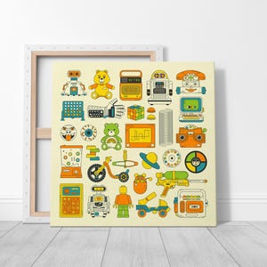 The image is a collage of various colorful and whimsical toys and objects, including a robot, teddy bear, calculator, toy car, and other playful items.