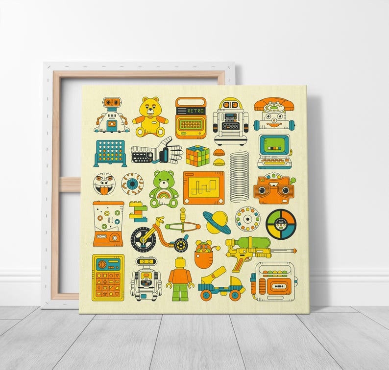 The image is a collage of various colorful and whimsical toys and objects, including a robot, teddy bear, calculator, toy car, and other playful items.