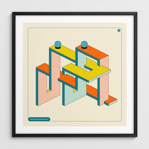 Könnte beinhalten: Abstrakter geometrischer Kunstdruck mit einem 3D-Design in Orange, Gelb, Rosa und Türkis, umrandet in Blau. Der Text "impossible geometries" ist enthalten. Zwei blaue Kugeln befinden sich oben. Schwarz gerahmt.