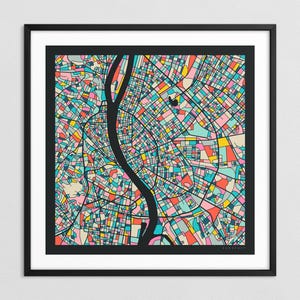 BUDAPEST KARTE (Giclée Kunstdruck auf Papier oder Leinwand) Bunter Stadtplan Straßen Karte von Jazzberry Blue (Gerahmt oder Ungerahmt) Serie 3