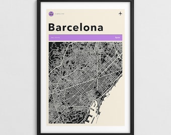BARCELONA MAP (Giclée Fine Art Print) Retro Minimalist City Street Map
