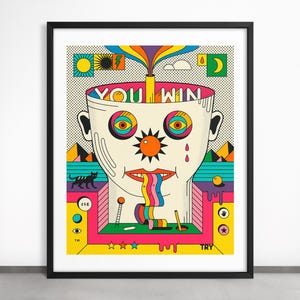 Hai vinto, bel tentativo (stampa artistica Giclée su carta o tela) Illustrazione psichedelica colorata di Jazzberry Blue (con o senza cornice)
