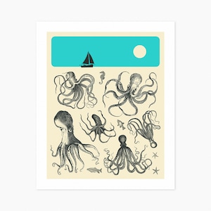 TENTACLES 3 (Giclée Fine Art Print) Minimalist Vintage Octopus Art (8x10 12x16 16x20 18x24 24x32 A1 A2 A3 A4) Rolled, Stretched or Framed