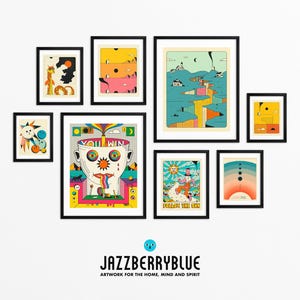 The image is a gallery of colorful, abstract artworks displayed on a white wall.