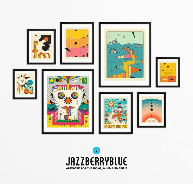 The image is a gallery of colorful, abstract artworks displayed on a white wall.