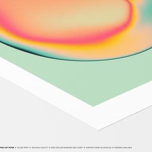 The image is a fine art paper with a vibrant abstract design in shades of orange, pink, and green. The paper has a white border and is described as having archival quality, sizes including borders, and shipping from US/EU/AU. The image is not a single picture but a collage of multiple images.
