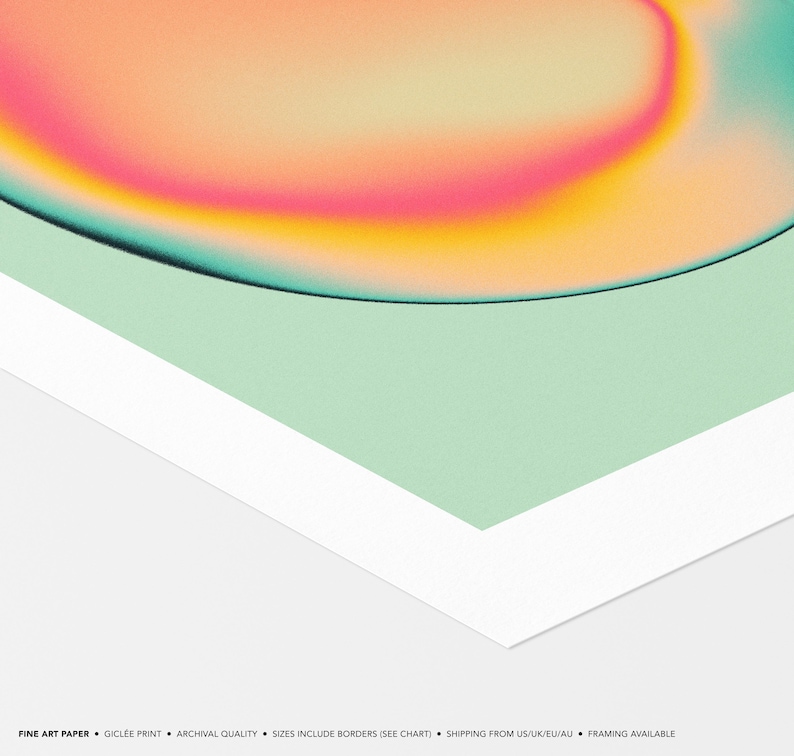 The image is a fine art paper with a vibrant abstract design in shades of orange, pink, and green. The paper has a white border and is described as having archival quality, sizes including borders, and shipping from US/EU/AU. The image is not a single picture but a collage of multiple images.