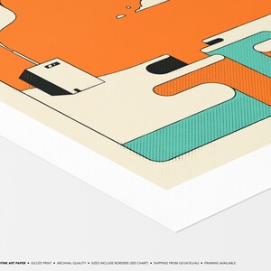 The image is a fine art paper with a geometric design in shades of orange, green, and white.