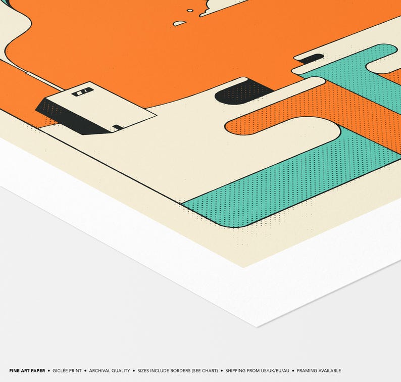 The image is a fine art paper with a geometric design in shades of orange, green, and white.