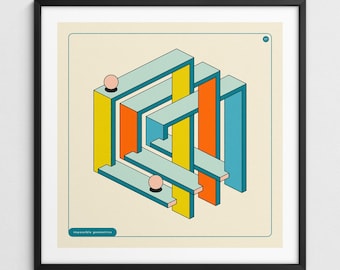 Op de afbeelding: Geometrische kunstafdruk met een onmogelijke kubusillusie in geel, oranje en blauw. Het kunstwerk bevat twee kleine roze bollen en de tekst "impossible geometries" onderaan. De print is ingelijst in een zwart frame.