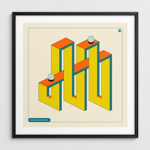 Könnte beinhalten: Geometrischer Kunstdruck mit einer unmöglichen Form in Gelb, Orange und Türkis. Das Kunstwerk enthält drei türkisfarbene Kugeln und den Text "impossible geometries" unten. Der Druck ist in einem schwarzen Rahmen gerahmt.