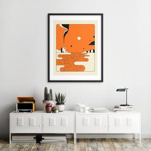 a minimalist interior design with a white cabinet, a framed abstract art print hanging on the wall, and various decorative elements such as potted plants and a lamp.