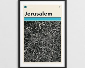 JERUSALEM MAP (Giclée Fine Art Print) Retro Minimalist City Street Map