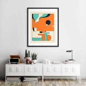 a minimalist interior design with a white cabinet, a framed abstract art piece, and various decorative elements such as potted plants and a lamp.