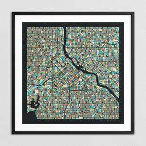 MAPA DE MINEÁPOLIS (impresión artística Giclée sobre papel o lienzo) Mapa colorido de las calles de la ciudad de Jazzberry Blue (con o sin marco) Serie 3